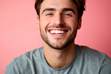 Fototapeta premium Portrait of a beautiful young man smiling on pink background