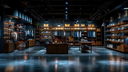 A stylish retail store interior showcasing clothing and accessories.