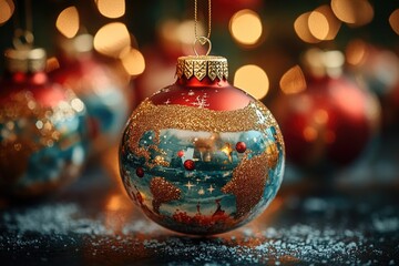 Close up shot of a Christmas ornament on a table, perfect for holiday-themed designs and decorations