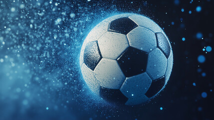 Naklejka premium Soccer ball in motion surrounded by glowing blue particles and dynamic water splashes