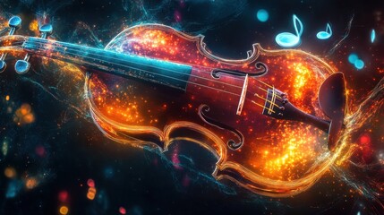 Fototapeta premium Electric violin with holographic notes, surreal, dark background