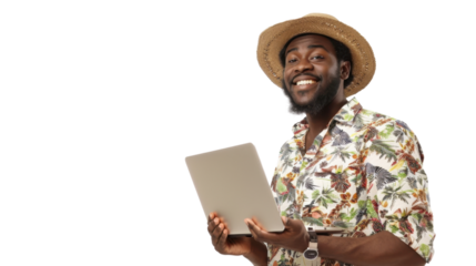 Portrait of african young happy woman holding laptop on white background