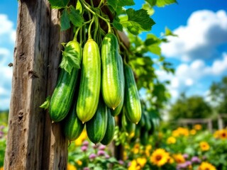 Vibrant cucumbers hang from a rustic wooden trellis in a sunlit garden full of colorful blooms on a warm summer day