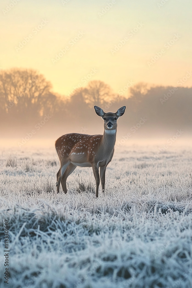 Poster fawn standing in a frosty meadow at dawn with a soft golden light illuminating the landscape
