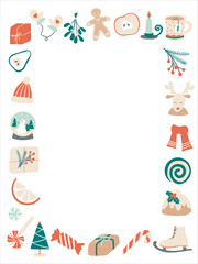 Greeting card with Christmas collection symbols frame. Happy New Year flat vector decorative elements on white backtround. 
