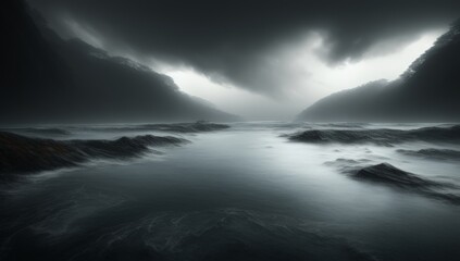 Mysterious twilight landscape with dark clouds over serene waters and rugged rocks in a secluded bay