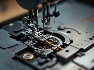 Intricate mechanics of a sewing machine reveal the artistry of textile creation in a craftsman's workshop during the golden hour of late afternoon