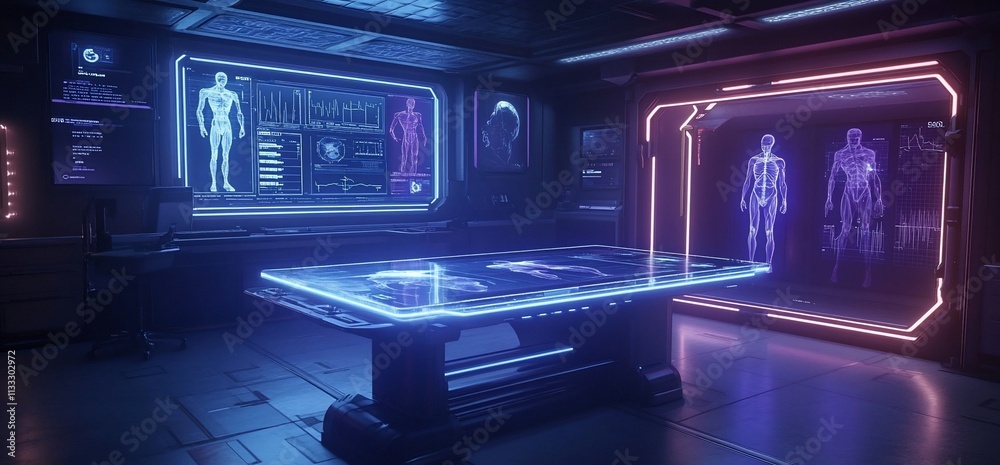 Poster futuristic laboratory with holographic displays and a high-tech table for analysis.