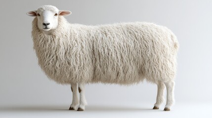 Fototapeta premium Fluffy white sheep standing on white background. (1)