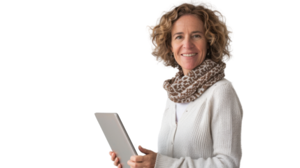 Portrait of american middle age  woman holding laptop on white background
