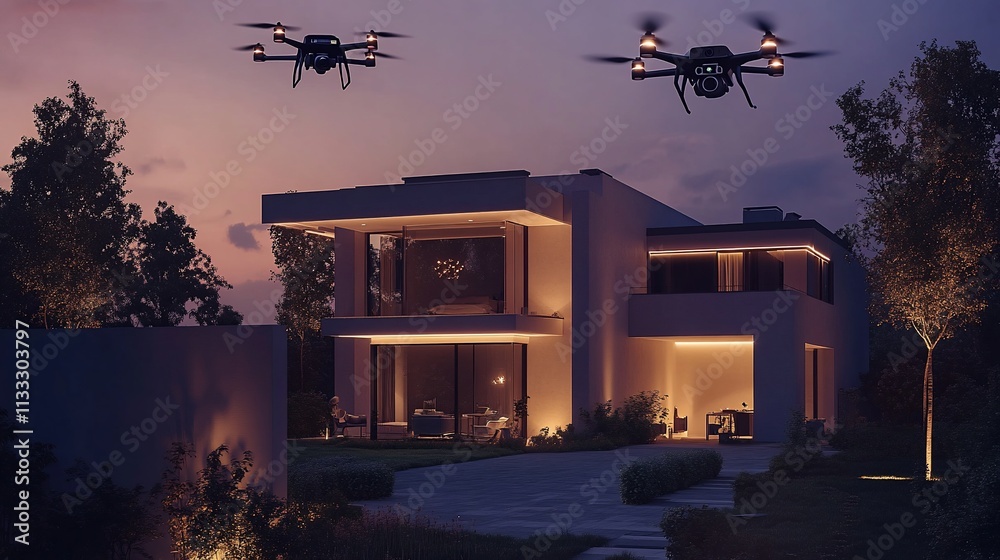 Poster modern house at dusk with drones flying above, showcasing a blend of technology and architecture.