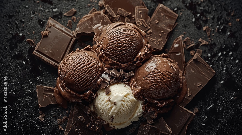 Poster rich chocolate ice cream scoops rest on dark chocolate squares, creating a tempting dessert arrangem