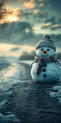 A cute snowman next to an empty road.