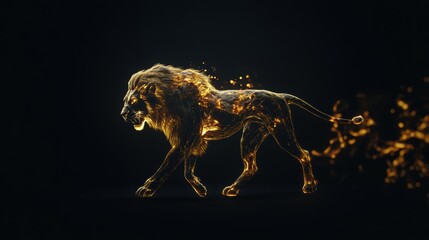 Majestic lion made of golden flames, walking through a dark cinematic environment with fiery mane and glowing eyes, exuding power, mystery, and energy.