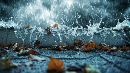 Autumnal deluge: water cascading over a curb, scattering fallen leaves.