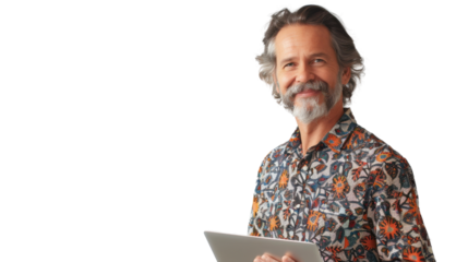 Portrait of american middle age  man holding laptop on white background
