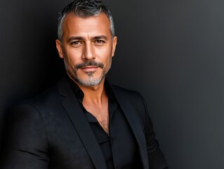 Obraz premium A man in a black suit leaning against a wall