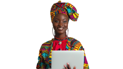Portrait of african young happy woman holding laptop on white background