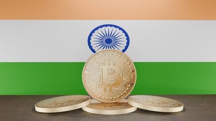 Golden bitcoin coin in front of the Indian flag, symbolizing cryptocurrency and digital finance in India, representing blockchain innovation and financial technology in a patriotic context