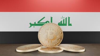 Golden bitcoin coin in front of the Iraqi flag, symbolizing cryptocurrency and digital finance in Iraq, representing blockchain innovation and financial technology in a patriotic context
