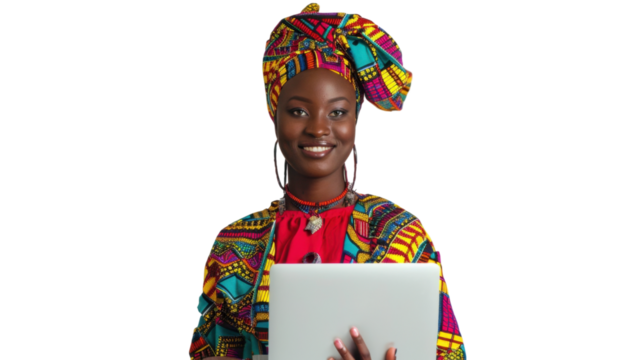 Portrait of african young happy woman holding laptop on white background