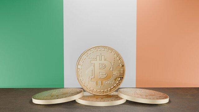 Golden bitcoin coin in front of the Irish flag, symbolizing cryptocurrency and digital finance in Irish, representing blockchain innovation and financial technology in a patriotic context