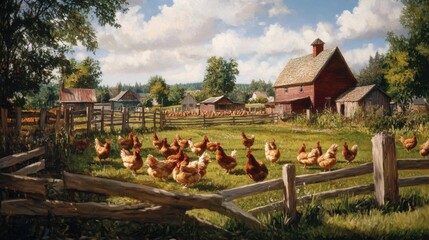 Obraz premium Free-range chickens in a fenced farmyard