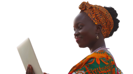 Portrait of african young happy woman holding laptop on white background