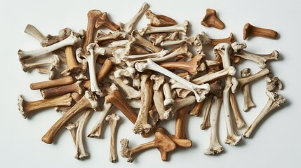 13. A pile of small animal bones scattered artistically across a white background