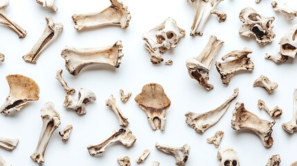 13. A pile of small animal bones scattered artistically across a white background