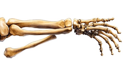 10. A realistic illustration of a human skeleton's hand and forearm bones on a white background