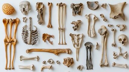 8. A set of bones from different species, placed in an educational layout on a white background