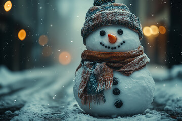 Cute snowman wearing a beanie and a woollen scarf.