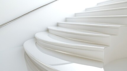 Obraz premium 27. A close-up of a curved staircase with smooth white steps and a metal handrail on a bright white background