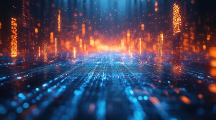 Futuristic digital network abstract background with glowing orange and blue particles.