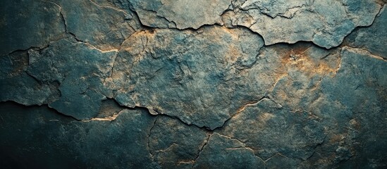 Obraz premium Dark Textured Stone Wall Background, Deep Teal and Brown Hues, Rough Surface, Cracked Pattern