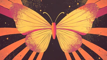 Textured Butterfly with Gradient Rainbow Wings: A Luminous Art Piece Perfect for Vibrant Sports Interiors - Minimalist Black Background with Splatter & Paint Stroke Details