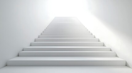 Obraz premium 20. A view from the bottom of a staircase with large white steps, looking upward against a white background