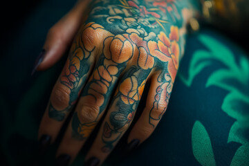 Close-Up of a Colorful Tattooed Hand with Intricate Ols School Design