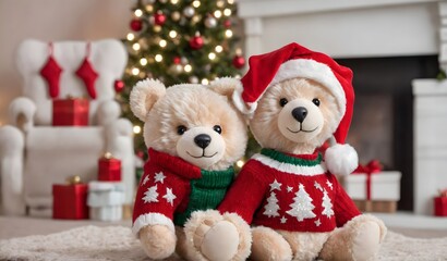 Adorable Teddy Bears in Christmas Sweaters by Fireplace