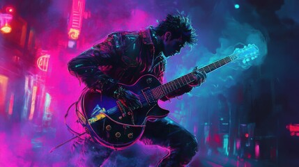 Guitarist in neon-lit street, dark background, cyberpunk aesthetic, intense glow