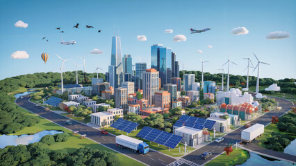 Naklejka premium Sustainable Smart City with Renewable Energy and Green Transportation