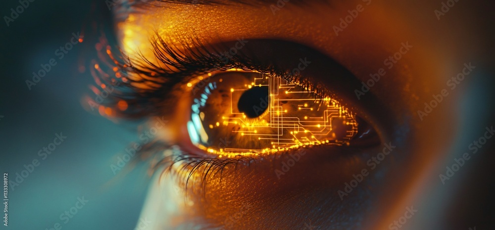 Poster a close-up of an eye with digital circuitry, symbolizing technology and innovation.