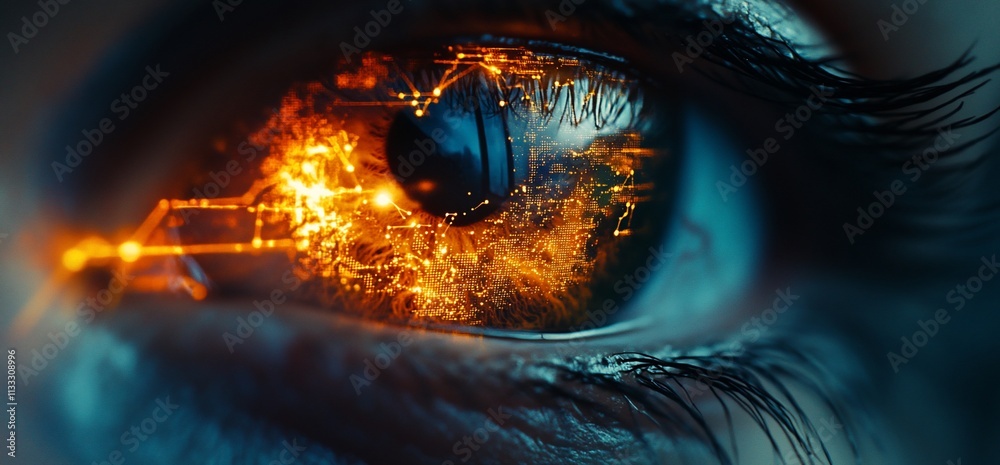 Poster a close-up of an eye with digital circuitry and glowing elements, symbolizing technology and vision.