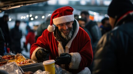 Obraz premium Smiling vendor in Santa outfit serves food at winter market