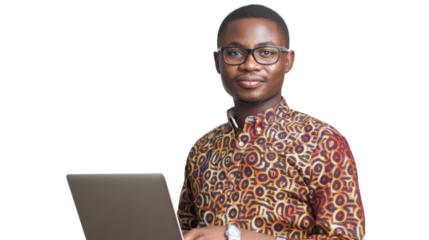 Portrait of african young happy man holding laptop on white background