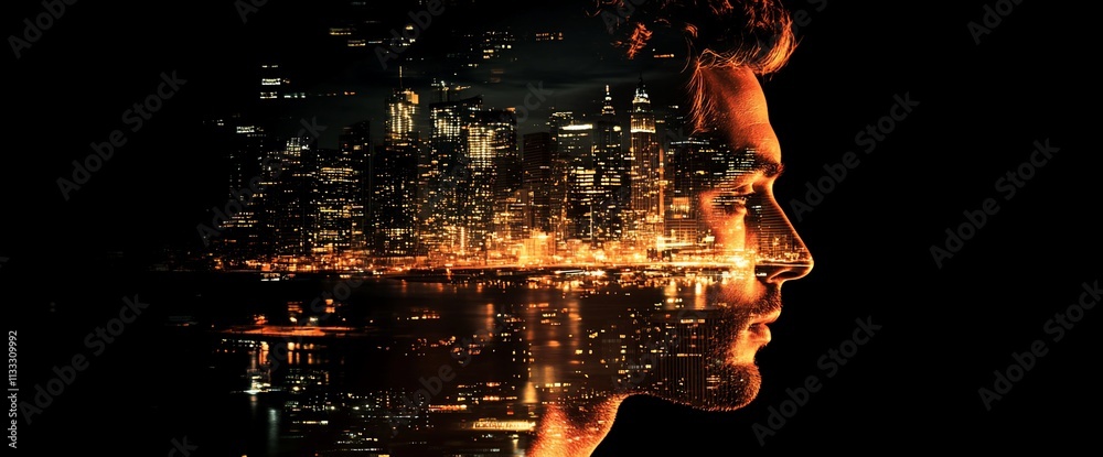 Poster a double exposure image blending a man's profile with a city skyline at night.
