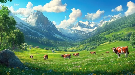 Lush green pastures with cows grazing peacefully