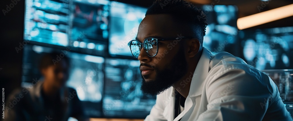 Aufkleber a focused individual in a lab coat analyzes data on multiple screens.