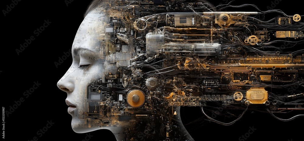 Poster a futuristic depiction of a human face merging with mechanical elements, symbolizing technology.